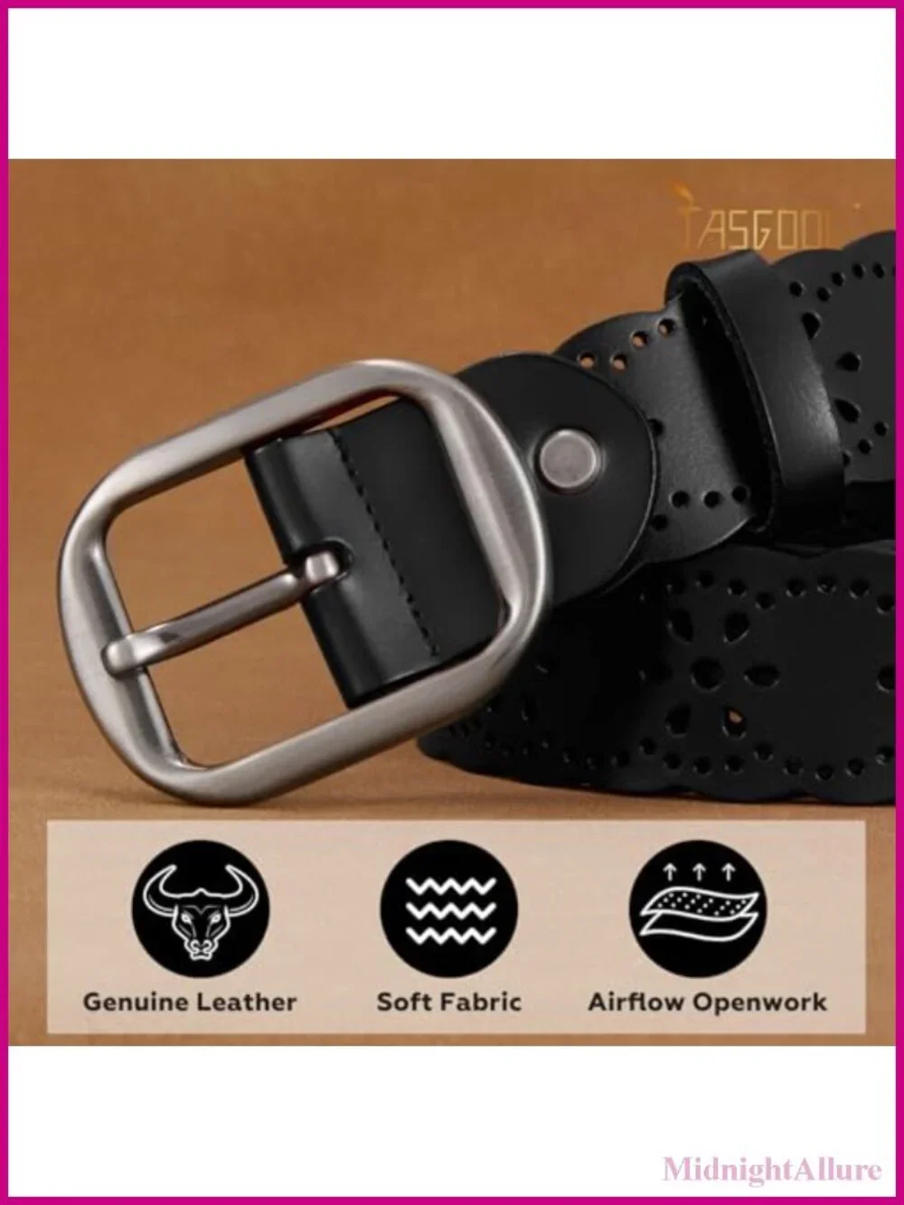 Genuine Leather Wide Belt Hollow Flower Buckle for Jeans Pants